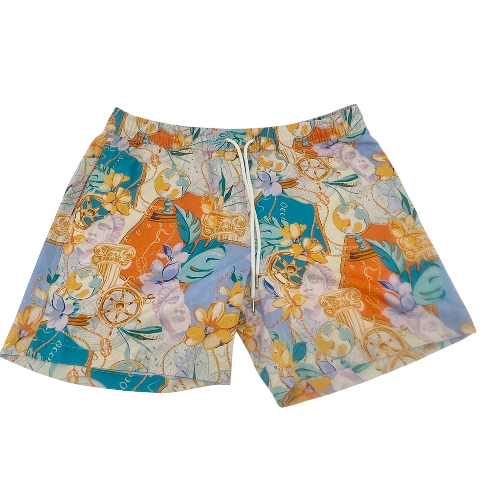Robert Graham Swim Trunks Mens Large Gold Treasure Mesh Line Classical Print New